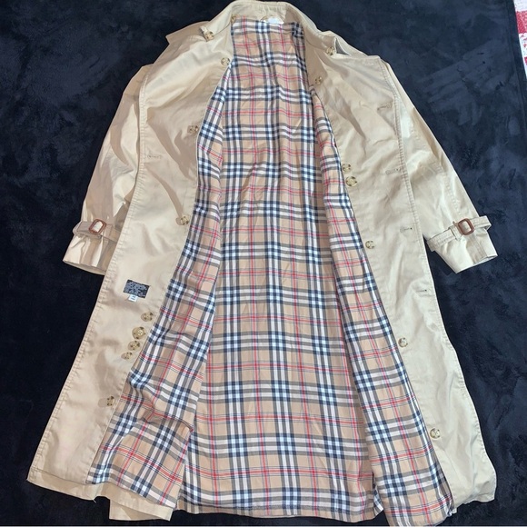Vtg 40 L Beige Double Breasted Trench Coat Plaid Lining Made In Poland - Picture 4 of 12
